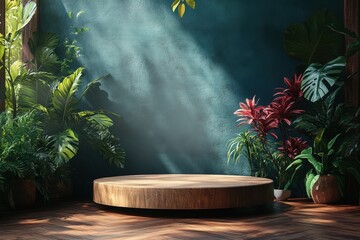 Poster - minimalistic 3d podium scene surrounded by lush greenery against a textured background for product s