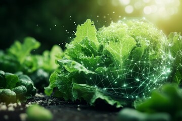 Fototapete - A futuristic vertical farm with rows of vegetables like lettuce and kale growing under glowing LED lights, set in a high-tech greenhouse