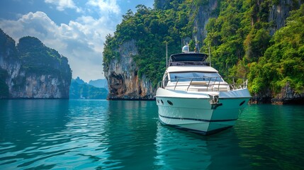 Poster - Luxury yacht anchored near tropical vacation destinations island with dramatic cliffs and lush vegetation Stock Photo with side copy space