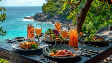 Poster - Local cuisine from tropical vacation destinations presented on a table with ocean view Stock Photo with side copy space