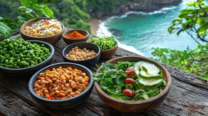 Poster - Local cuisine from tropical vacation destinations presented on a table with ocean view Stock Photo with side copy space