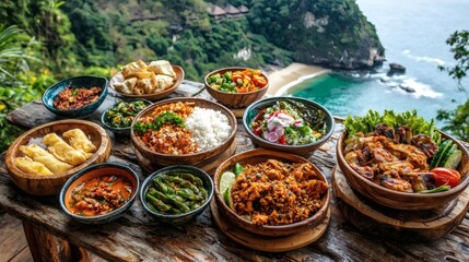 Poster - Local cuisine from tropical vacation destinations presented on a table with ocean view Stock Photo with side copy space