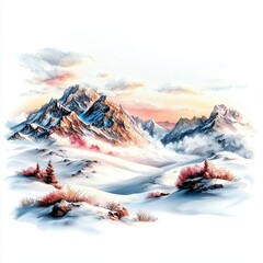 Wall Mural - Majestic Winter Mountain Landscape with Snowy Peaks and Soft Colorful Sunset Sky