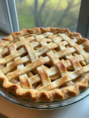 Aufkleber - Freshly baked apple pie with a lattice crust cooling on a windowsill in a sunny kitchen