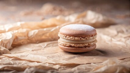 Poster - A Single Delicate Macaron with Light Brown Shell and Creamy Filling, Resting on Crumpled Parchment Paper