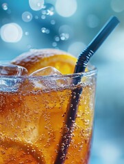 Poster - Refreshing glass of freshly squeezed orange juice with ice cubes and a straw enjoyed on a sunny afternoon