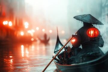 Poster - A gothic depiction of Venice at night, with fog rolling through the canals, dark shadows on ancient walls, and a single lantern glowing on a gondola