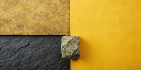 Poster - Abstract stone and color block composition featuring a rough-hewn rock nestled between contrasting textured surfaces