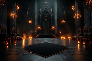 Poster - A gothic depiction of a VIP throne room, with dark velvet curtains, ornate chandeliers, and intricate black-and-gold detailing