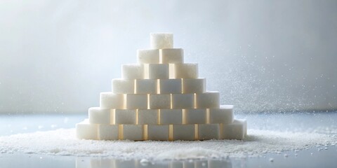 Poster - A pyramid of refined sugar cubes sits on a bed of granulated sugar, with sugar crystals dispersing into the air