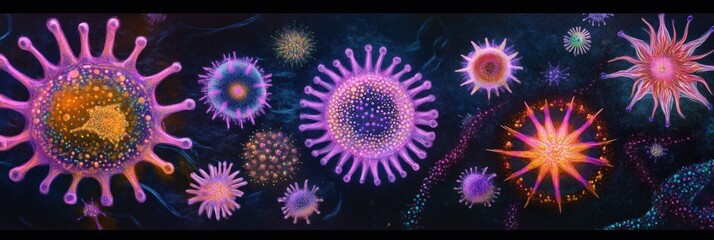 Fototapete - Magnified view of colorful viruses showcasing diverse shapes and structures in a scientific illustration. Generative AI