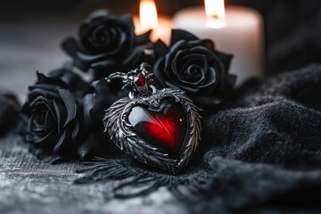 Poster - A gothic heart-shaped locket lying on a dark velvet cloth, surrounded by black roses and dim candlelight