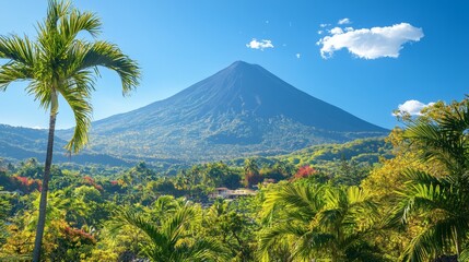 Poster - Dramatic view of volcanic peaks in tropical vacation destinations covered in dense forest Stock Photo with side copy space