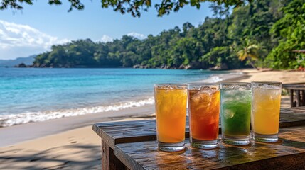 Poster - Beachfront bar at tropical vacation destinations serving exotic cocktails in a relaxed setting Stock Photo with side copy space