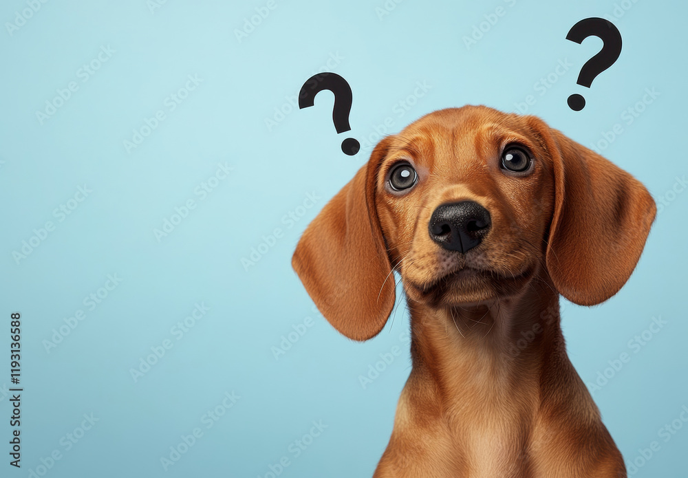 Curious puppy with question marks above its head, expressing confusion ...