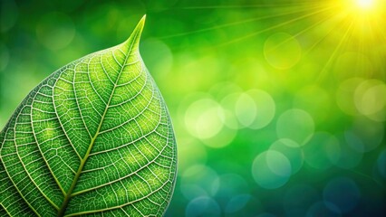 Poster - Close-up of a vibrant green leaf with intricate vein detail against a bokeh background, bathed in sunlight