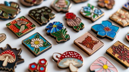 A set of collectible enamel pins with quirky, nostalgic designs, neatly arranged on a white background.