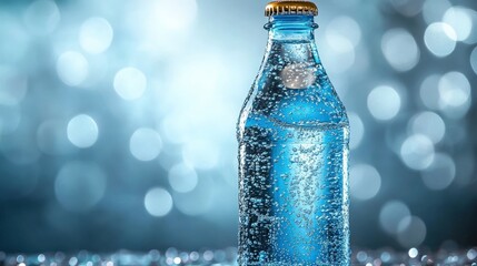 Poster - Sparkling Mineral Water Bottle with Bubbles Against a Soft Blue Background, Refreshing Drink for Hydration and Enjoyment in a Natural Setting