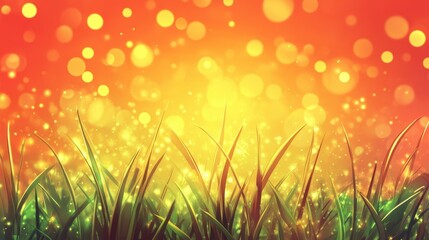 Aufkleber - Vibrant sunrise illuminates lush grass with golden bokeh effects and fiery skies
