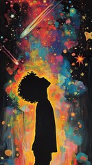 Poster - Child illuminated by radiant shooting stars and swirling meteor trails in a cosmic wonderland