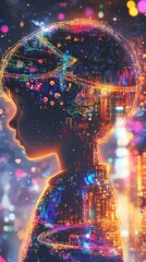 Aufkleber - Visualization of a glowing child surrounded by interconnected skybridges and neon towers emanating futuristic energy