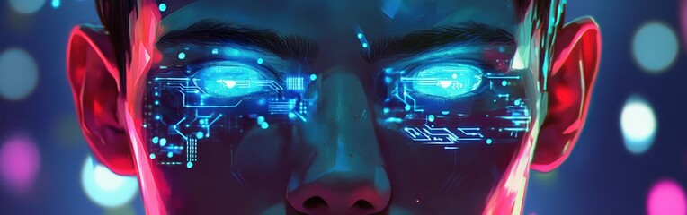 Poster - Vibrant portrait showcasing a man's face illuminated by glowing circuit boards and radiant blue eyes