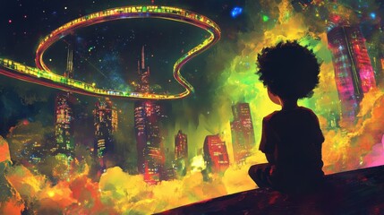 Aufkleber - Child gazes at radiant futuristic city with neon towers and glowing skybridges under a starry night sky
