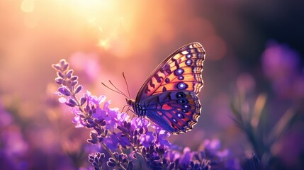Poster - Vibrant peacock butterfly resting on a purple wildflower in bright spring sunlight