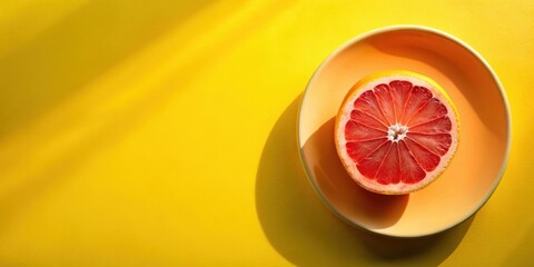 Poster - A vibrant half grapefruit rests on a pale orange plate against a sunny yellow backdrop