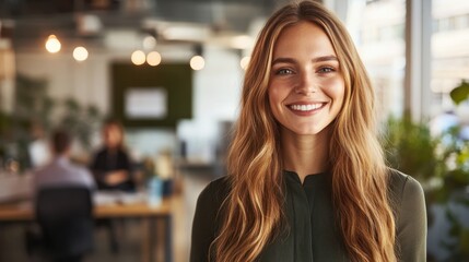 Aufkleber - Professional woman smiling confidently in modern office with colleagues engaged in collaboration