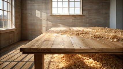 Wall Mural - Sunlight illuminates a rustic wooden table strewn with wood shavings in a workshop