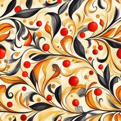 Poster - Intricate watercolor doodle pattern with Khokhloma-inspired gold leaves and vibrant red berries on a soft background
