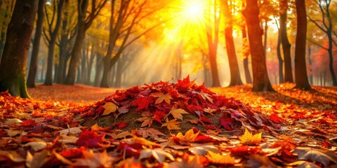Poster - Autumnal Sunbeams Illuminate a Pile of Crimson and Gold Leaves in a Tranquil Woodland Setting