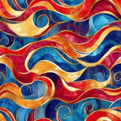 Poster - Vibrant watercolor doodle pattern with bold waves and swirls in dynamic reds, blues, and golds