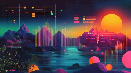 Poster - vibrant retirement-focused financial portfolio with serene landscapes and upward trends in a digital