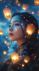 Aufkleber - Surreal visualization of a woman's face illuminated by floating lanterns under a twilight sky celebrating Lunar New Year traditions