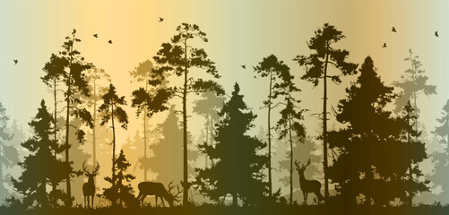 seamless horizontal vector background. forest with deer in green tones. deer are drawn separately - 