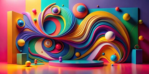 Poster - Abstract Colorful Swirling Wave Design with Geometric Forms and Spheres on Display
