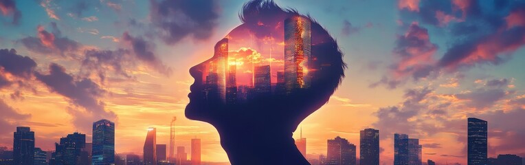 Aufkleber - Surreal image of a man glowing with skyscrapers rising against a twilight sky symbolizing innovation and modernity