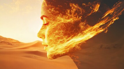 Poster - Surreal depiction of a radiant woman merging with glowing desert dunes and sunlight at sunset