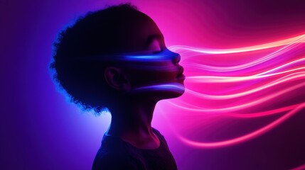 Leinwandbilder - Surreal portrait of a glowing child with radiant waveforms and neon light trails in a futuristic setting