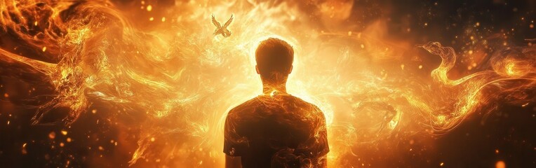 Poster - Surreal depiction of a man’s silhouette glowing with radiant flames and mythical creatures in the air