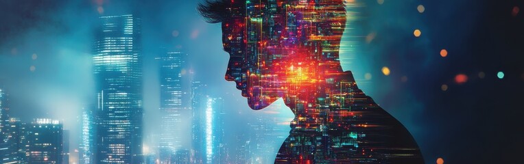 Poster - Surreal silhouette filled with glowing city skyline and cosmic elements blends urban life and the universe