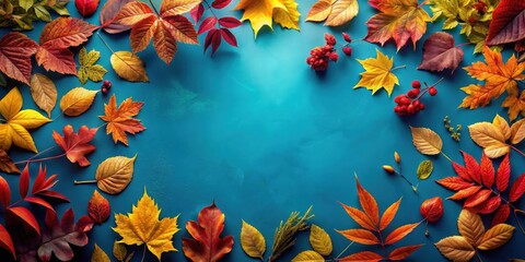 Aufkleber - Autumnal foliage arranged on a teal background, creating a vibrant frame for seasonal designs and announcements.