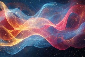 Poster - Abstract cosmic waves with colorful light trails and glowing particles in space