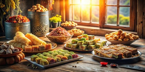 Poster - A delightful assortment of colorful sweets and pastries displayed on a rustic wooden table, bathed in warm sunlight streaming through a window.