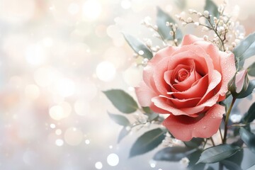 Poster - A hyper-realistic close-up of a single red rose with dew drops glistening on its petals, set against a soft blurred background