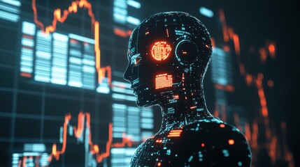 Aufkleber - Modern robot silhouette integrated with digital financial tools and predictive market graphs