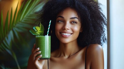 Poster - 12011935 15 Holistic health approaches captured with a smiling person enjoying a green smoothie Stock Photo with side copy space