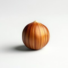 Poster - Single roasted hazelnut showcasing a smooth golden-brown surface on a clean white background perfect for culinary presentations